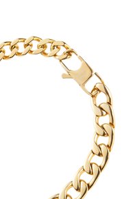 Bracciale in metallo dorato con catena a maglie intrecciate, dotato di una chiusura con incisioni. Texture liscia e lucida.