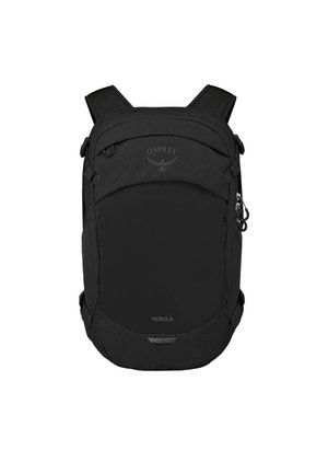 Mochila negra Osprey Nebula con correas de hombro acolchadas, bolsillo frontal con cremallera y correas de compresión laterales, mostrada sobre un fondo blanco.