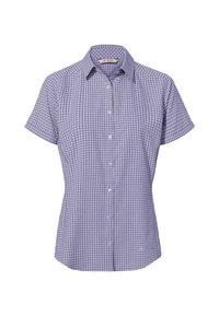 Korte mouwen overhemd met knopen in een paars-witte gingham ruitpatroon, gemaakt van stof met een gladde textuur. Bevat een klassieke kraag en knoopsluiting.