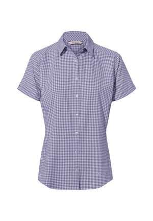 Short-sleeve button-up shirt in purple and white gingham check pattern, made of fabric with a smooth texture. Features a classic collar and button closure.
