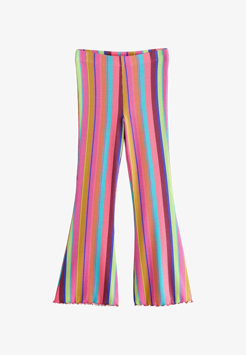 Pantalon évasé à rayures verticales rose, bleu, vert, jaune et violet, avec une texture côtelée et des ourlets à effet ondulé.