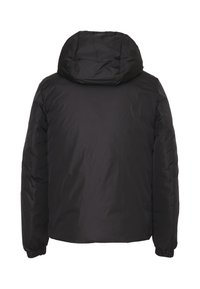 Giacca puffer nera con cappuccio rimovibile, polsini elasticizzati e una finitura morbida e texture. Il retro presenta un design semplice e senza decorazioni.