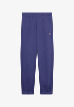 Blaue Sweatpants mit elastischem Bund, seitlichen Taschen und Champion-Logo auf dem oberen linken Oberschenkel, elastischen Bündchen an den Knöcheln.