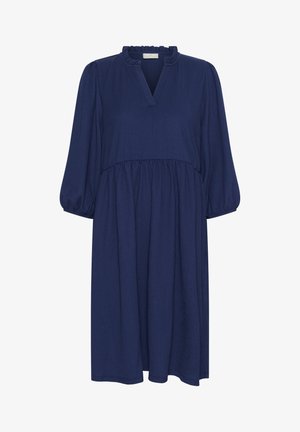 Námorníckomodrá šaty s textúrovaným povrchom, s plisovaným telom, riaseným výstrihom a balónovými rukávmi, stredná dĺžka.