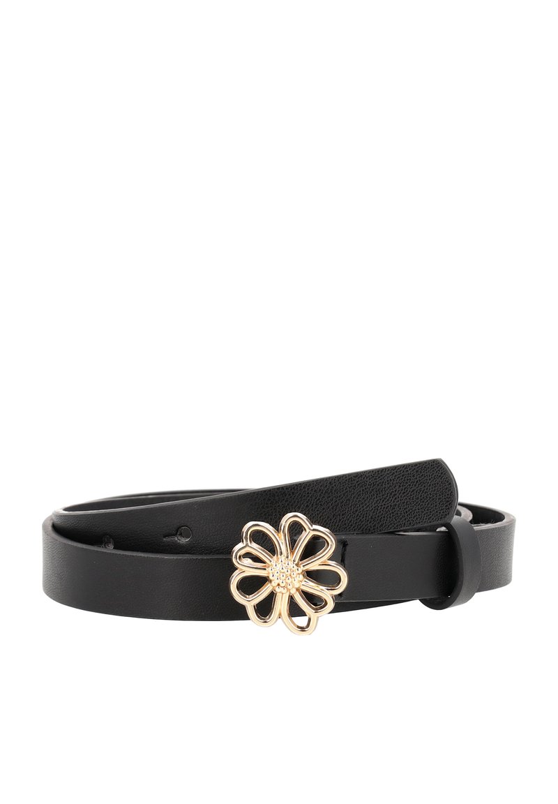 Svart läderbälte med en guldtonad blommabuckla med en strukturerad mitt och en böjd kronbladsdesign. Justerbart med flera hål.