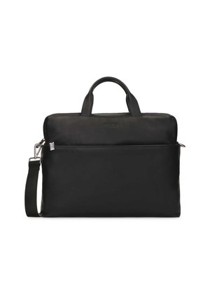 Sort læder laptop taske med dobbelte håndtag, en aftagelig rem og en frontlomme med lynlås. Glat tekstur med minimal branding.
