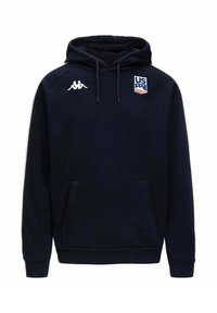 Felpa con cappuccio blu navy, dotata di tasca a marsupio, logo Kappa sul lato sinistro del petto ed emblema della bandiera USA a destra, con dettagli bianchi.