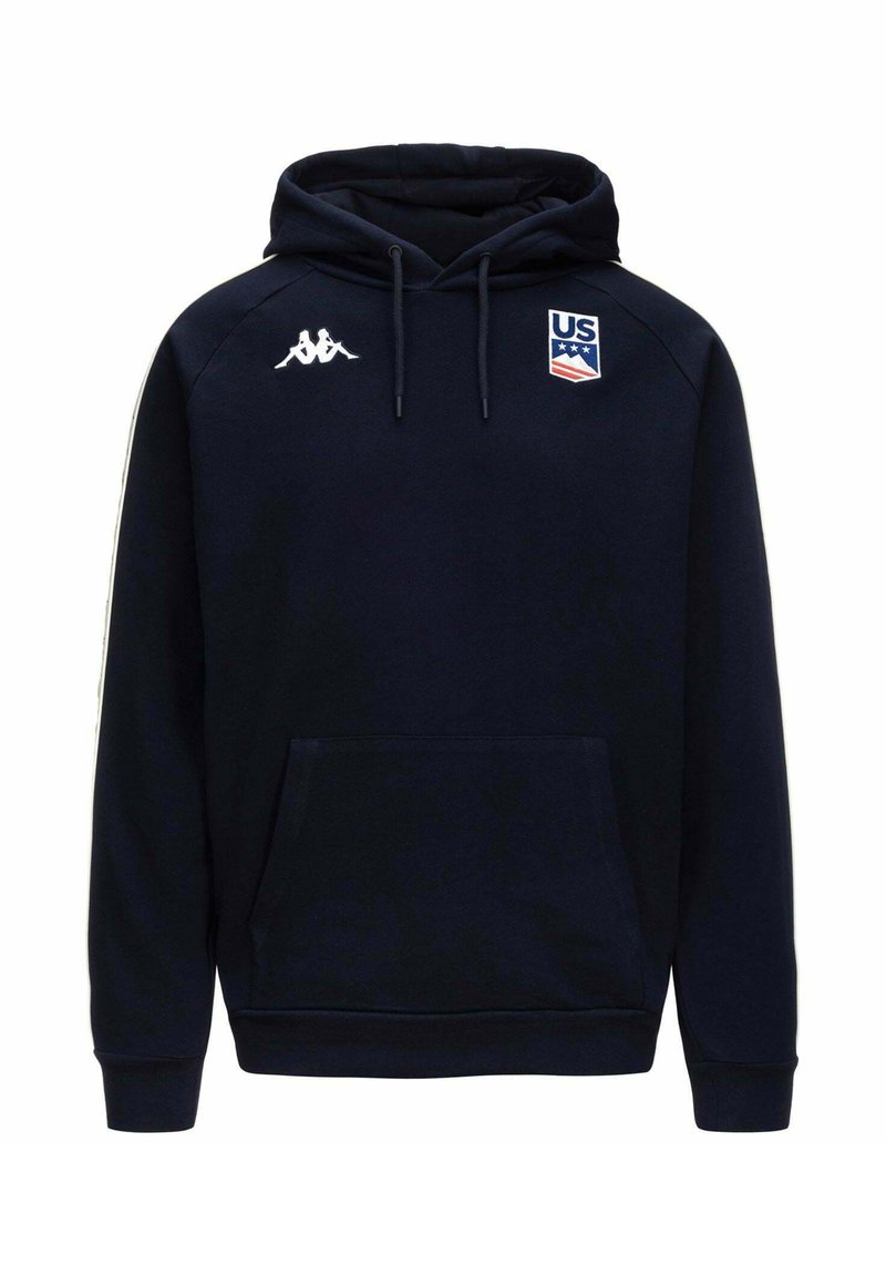 Felpa con cappuccio blu navy, dotata di tasca a marsupio, logo Kappa sul lato sinistro del petto ed emblema della bandiera USA a destra, con dettagli bianchi.