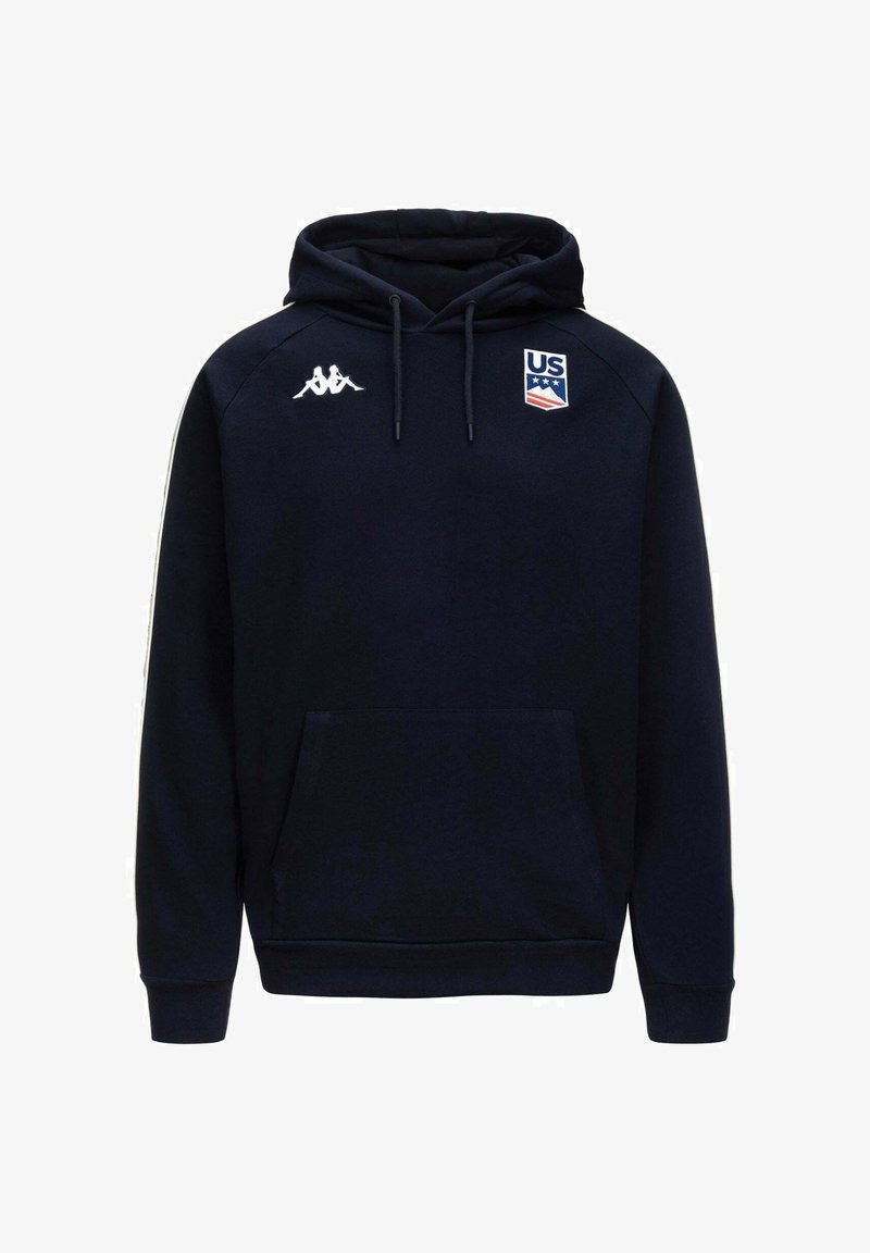 Felpa con cappuccio blu navy, dotata di tasca a marsupio, logo Kappa sul lato sinistro del petto ed emblema della bandiera USA a destra, con dettagli bianchi.