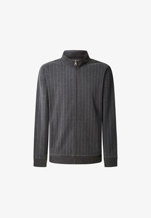 Sivá bunda na zips s vertikálnymi prúžkami, vysokým golierom a dlhými rukávmi. Vyrobená z mäkkej tkaniny s hladkou textúrou. Predné zapínanie na zips.