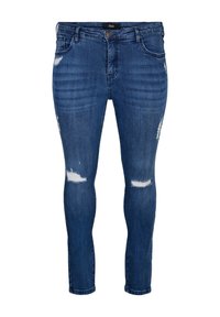 Tamno plave skinny traperice s pocepanim rupama na koljenima, dizajn s pet džepova, zatvaranje na patentni zatvarač i glatka denim tekstura.