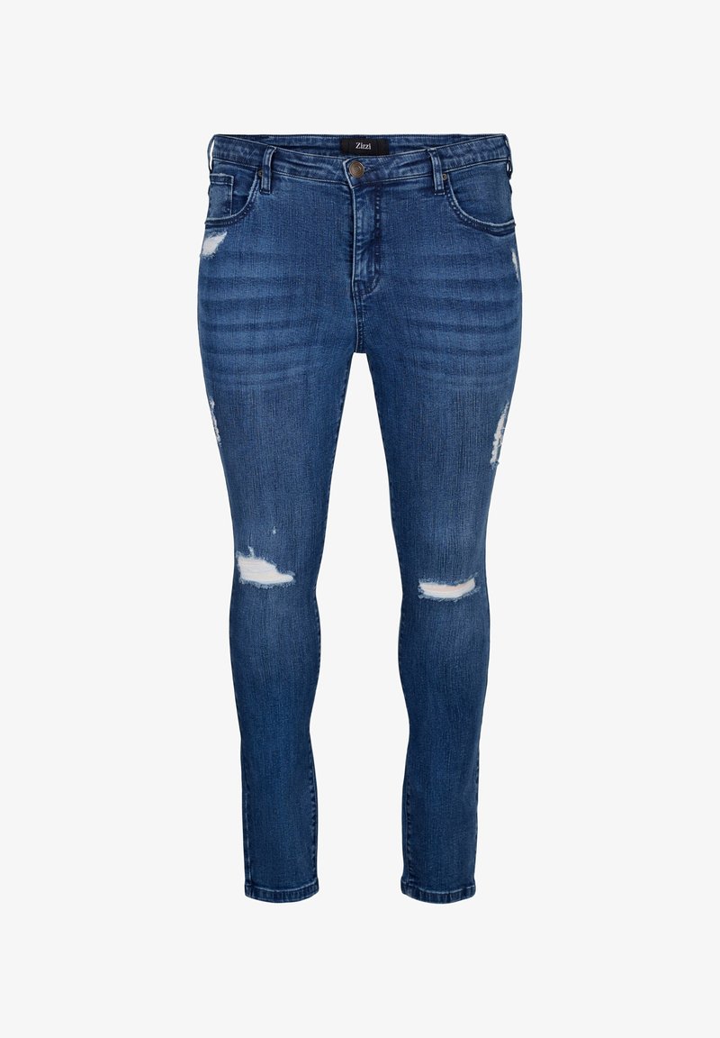 Mörkblå skinny jeans med slitna hål vid knäna, femfickorsdesign, dragkedjestängning och en slät denimtextur.