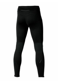 Leggings deportivos negros con una textura suave, que presentan paneles de malla en la parte inferior de las piernas y un bolsillo con cremallera en la parte trasera de la cintura.