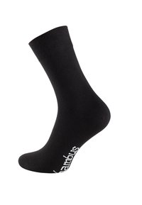 Calzini neri in cotone con una texture liscia e una caviglia rinforzata. Presentano un logo ricamato bianco sul lato. Design classico a metà polpaccio.