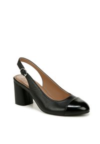 Zwarte slingback hoge hakken, met een afgeronde neus en een glanzende punt, gemaakt van leer en voorzien van een dikke blokhak.
