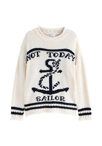 Suéter de punto en color crema con gráfico de ancla negra y texto. Presenta puños y dobladillo acanalados, y un diseño de ajuste relajado.