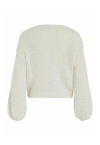 Bela pletena skrajšana sv sweater z dolgimi balonastimi rokavi, rebrastim robom in odprto tkanino. Preprost in moderen dizajn.