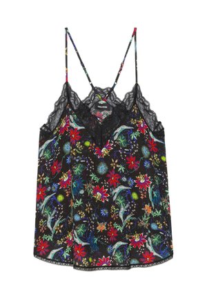 Camisole noire à motif floral avec des fleurs rouges, bleues et vertes, bordure en dentelle le long du décolleté et fines bretelles réglables.