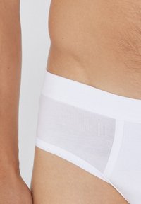 Bílé bavlněné slipy s průhlednou síťovinovou vsadkou, představující měkký elastický pás a hladký, přiléhavý design.