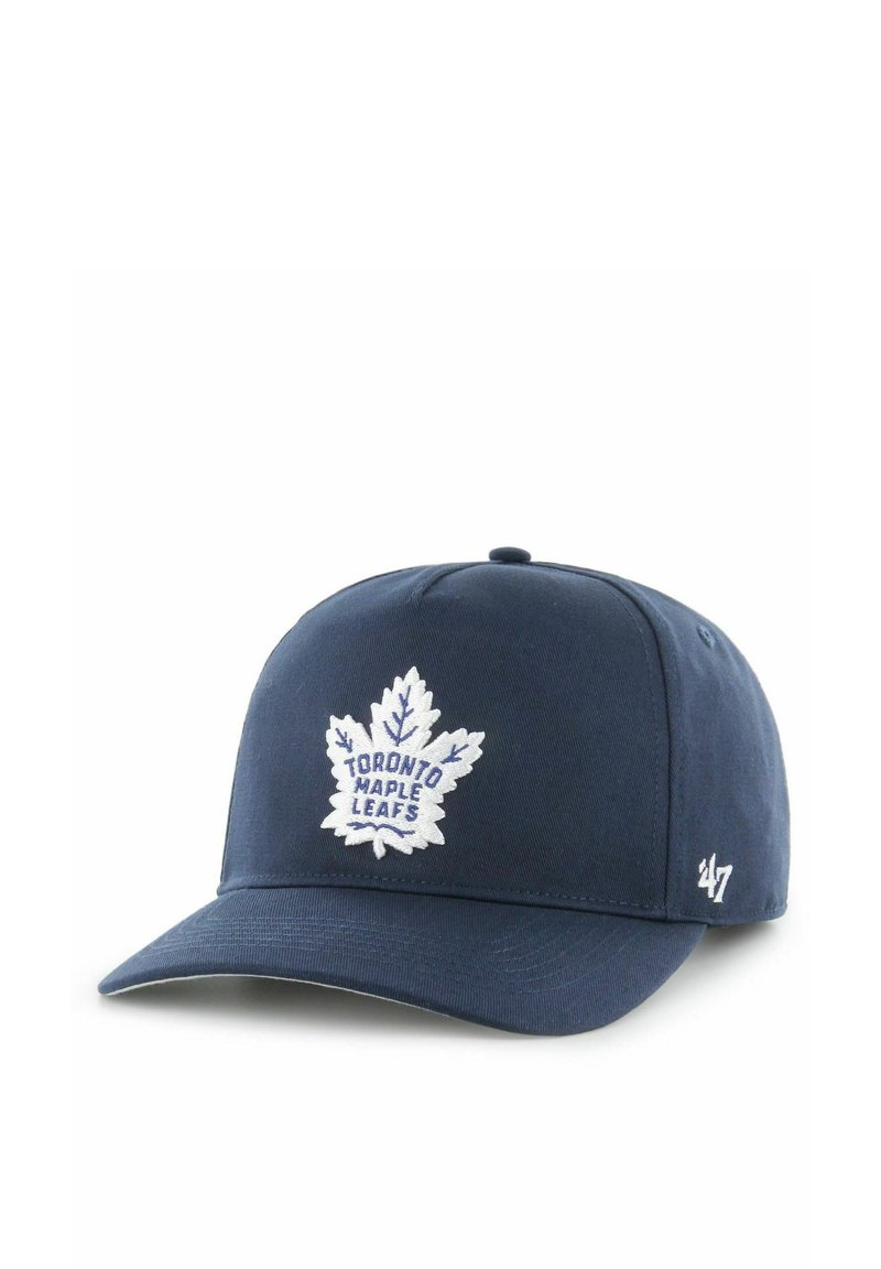 Dunkelblaues Baseballcap mit dem weißen gestickten Logo der Toronto Maple Leafs auf der Vorderseite und dem Logo der Marke '47 auf der Seite.