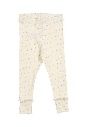 Babyleggings in Cremefarbe mit kleinen rosa und blauen Blumenmustern sowie Rüschensaum an den Knöcheln.