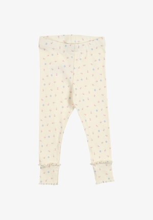 Babyleggings in Cremefarbe mit kleinen rosa und blauen Blumenmustern sowie Rüschensaum an den Knöcheln.