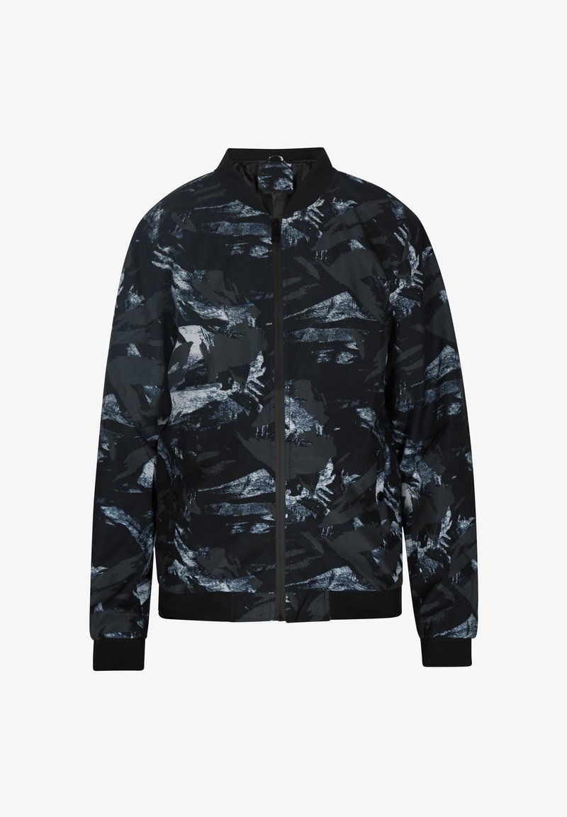 Schwarze Bomberjacke mit einem strukturierten abstrakten Muster in Grautönen und Blau. Verfügt über einen Reißverschluss und gerippte Bündchen sowie Saum.
