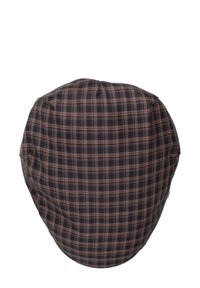 Flat cap made of dark fabric featuring a black and brown check pattern. Rounded shape with stitched detailing on the top.