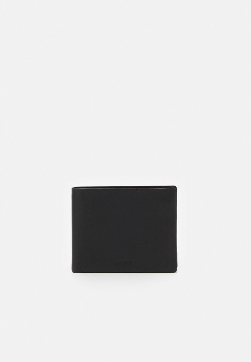 Zwarte leren portemonnee met een gladde textuur, rechthoekige vorm, minimalistisch ontwerp en een geperst logo op de voorkant. Heeft een effen kleurafwerking.