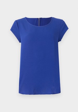 Blue short-sleeve top made from smooth fabric. Features a round neckline and a concealed zipper at the back. Straight hemline.