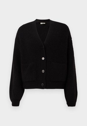 Black knitted cardigan featuring a V-neck, long sleeves, four buttons at the front, and two front pockets. Textured ribbed design throughout.