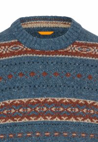Blue knitted sweater with a crew neck, featuring intricate patterns in brown and cream, with a textured surface and visible flecks.