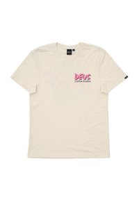 Cream cotton t-shirt with short sleeves, featuring pink "DEUS CUSTOM BOARDS" text on the front and a textured round graphic.