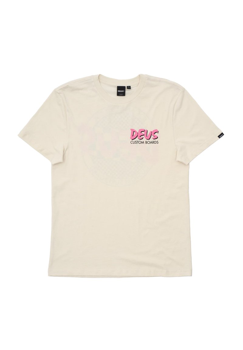 Cream cotton t-shirt with short sleeves, featuring pink "DEUS CUSTOM BOARDS" text on the front and a textured round graphic.
