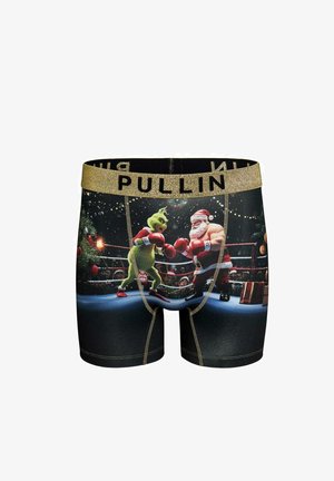 Boxer briefs avec un fond noir orné d'un imprimé coloré du Grinch et du Père Noël en train de boxer, agrémentés d'une ceinture élastique dorée portant le label « PULLIN ».