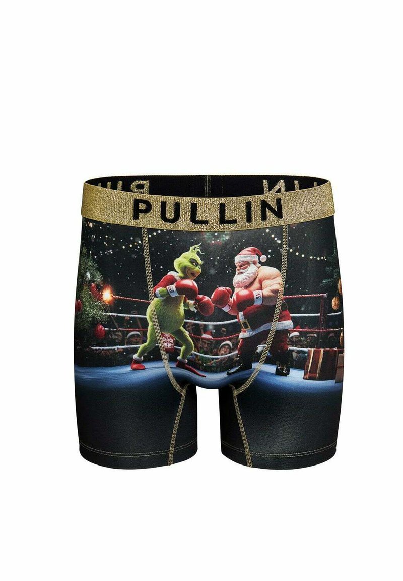 Boxer briefs avec un fond noir orné d'un imprimé coloré du Grinch et du Père Noël en train de boxer, agrémentés d'une ceinture élastique dorée portant le label « PULLIN ».