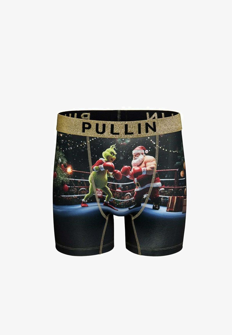 Boxer briefs avec un fond noir orné d'un imprimé coloré du Grinch et du Père Noël en train de boxer, agrémentés d'une ceinture élastique dorée portant le label « PULLIN ».