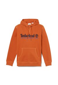 Pomarańczowa bluza z kapturem wykonana z bawełny, wyposażona w kieszeń kangurzą, kaptur ze sznurkiem oraz haftowane logo "Timberland Established 1973" w kolorze niebieskim.