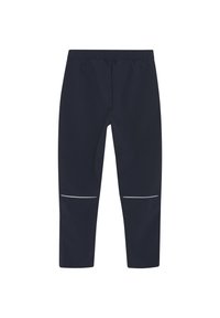 Marineblauwe sportbroeken met een elastische tailleband, reflecterende witte accenten bij de knieën en een soepele, lichte stof.