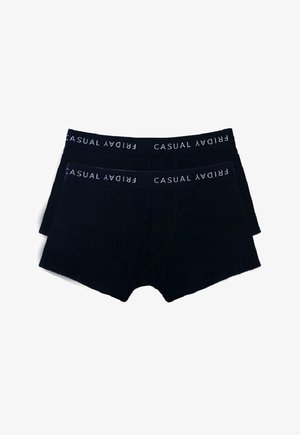Black cotton boxer shorts, featuring a fitted design, elastic waistband with "CASUAL FRIDAY" text, and a smooth texture. Two pieces included.