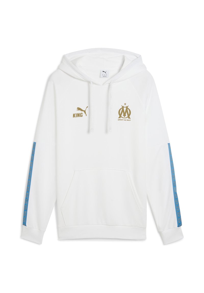 Hvid hættejakke med guld grafik, herunder et logo, ordet "KING" og "DROIT AU BUT." Blå accenter på ærmerne og frontlommen.