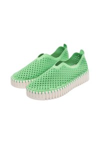 Zapatos verde tipo slip-on fabricados con material perforado y suela texturizada blanca. Cuentan con una puntera redonda y lados elásticos para facilitar su uso.