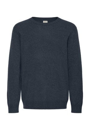 Tamno plava dukserica s okruglim izrezom, izrađena od mekog materijala, s rebrastim manžetama i donjim dijelom, koja ima bezšavni dizajn bez vidljivih uzoraka ili hardverskih elemenata.