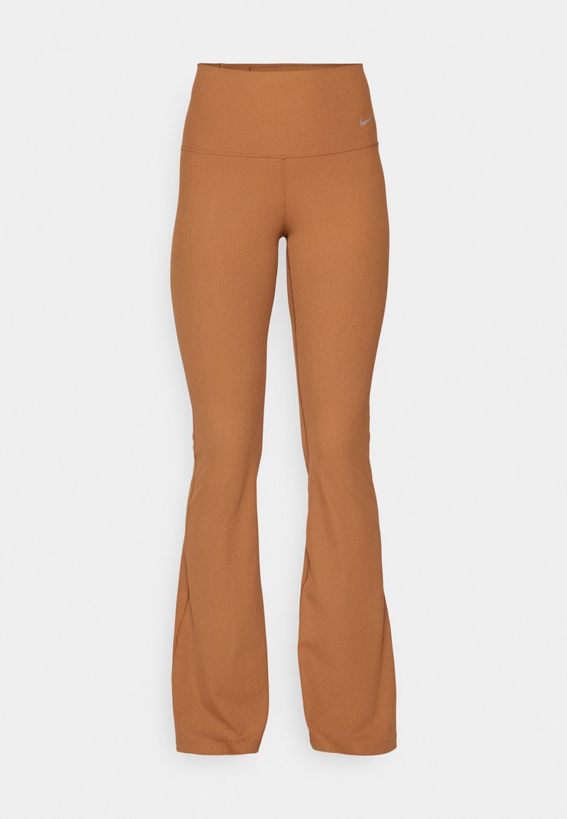 Leggings marroni a coste svasati con vita alta; realizzati in un materiale elastico; presentano un piccolo logo sul davanti.