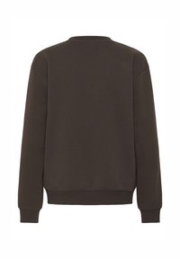 Hnědá mikina s dlouhými rukávy, žebrovaným límcem, manžetami a spodním lemem. Měkká tkanina, uvolněný střih, bez výrazných designových prvků.