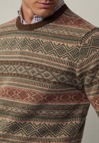 Mann, der einen gemusterten Strickpullover in erdigen Tönen über einem karierten Hemd mit Kragen trägt, das unterhalb der Nase endet.