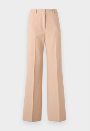 Béžové, vysokopásové nohavice s širokým strihom. Vyrobené z hladkej tkaniny, so záhybmi vpredu a čistým pásom.