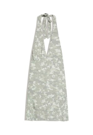 Lysegrå blomstret halterneck-kjole med dyb V-udskæring, rynket bryst og bindelukning bag på nakken.