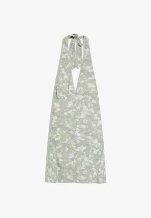 Vestito a collo halter floreale grigio chiaro con scollo a V profondo, busto drappeggiato e chiusura con laccio sul retro del collo.