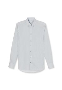 Weißes Langarmhemd mit einem blauen Punkte-Muster, Button-Down-Kragen und dunkelblauen Knöpfen, aus leichtem Stoff hergestellt.
